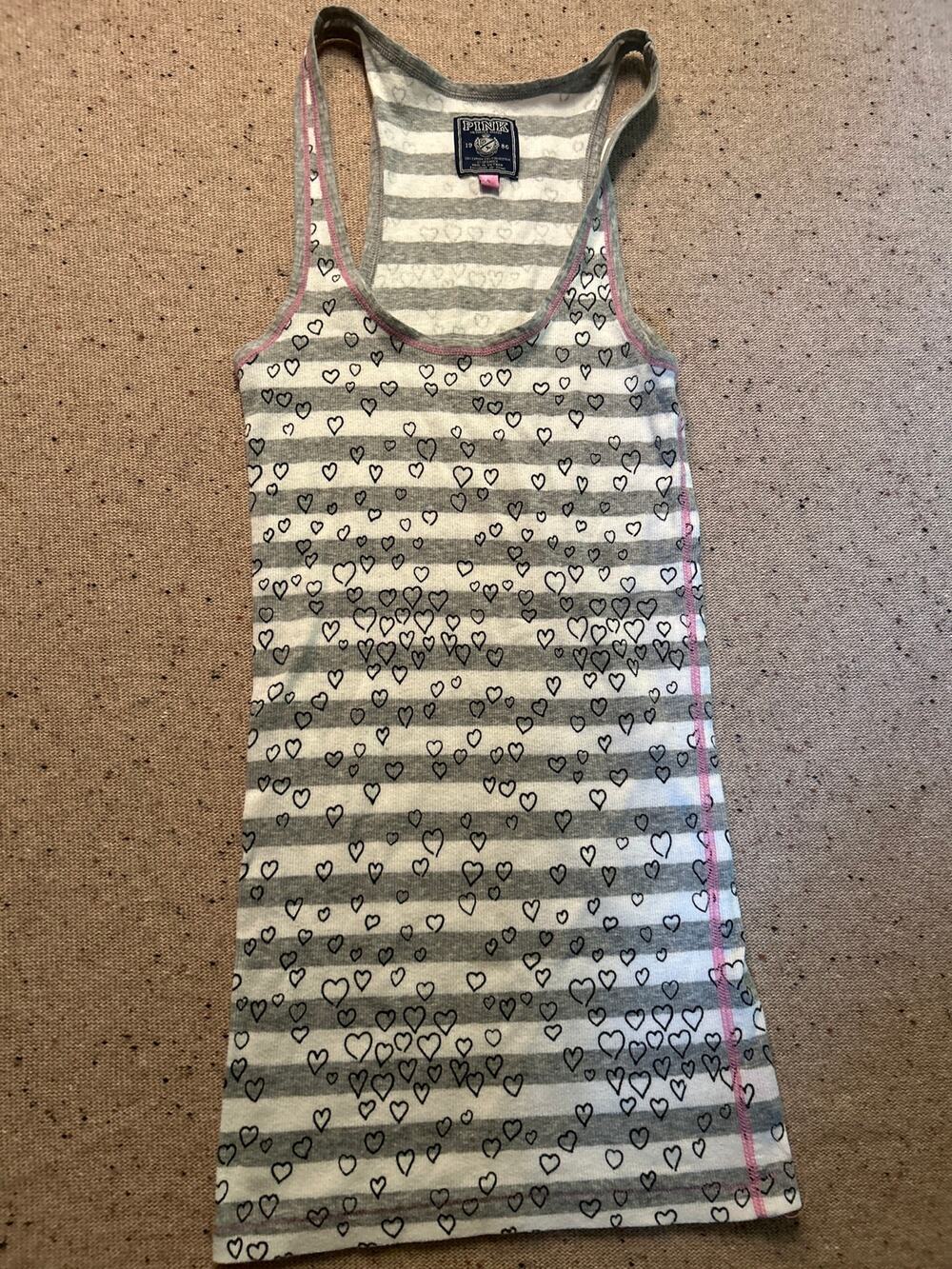Y2K Victoria's Secret Pink Ribbed Striped Hearts Tank Top Small White Gray